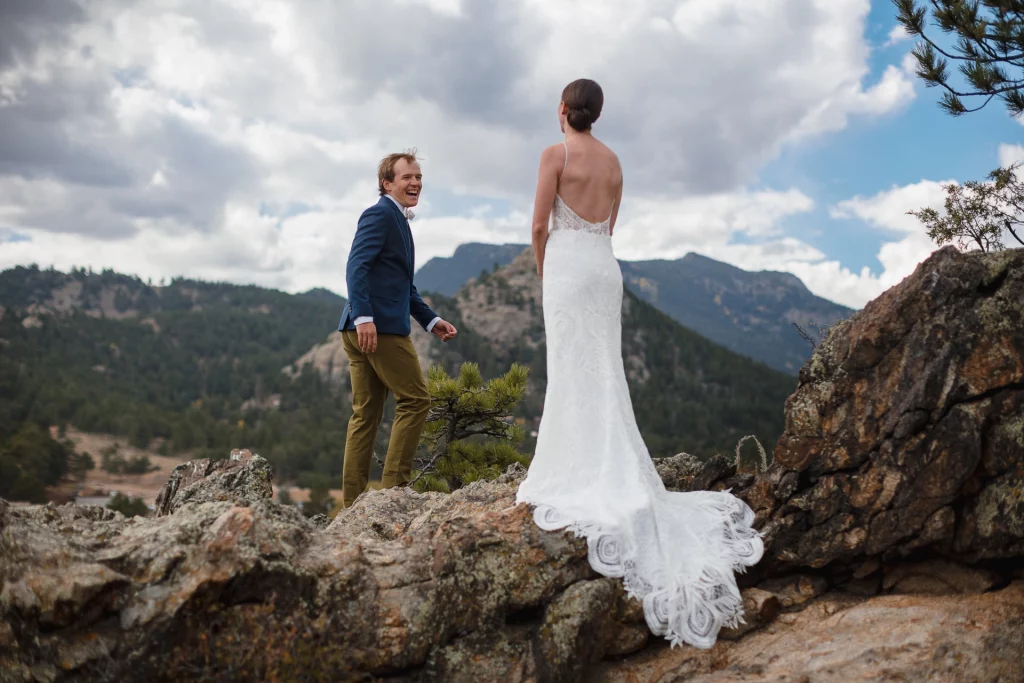 Bride and Groom have their first look at their Estes Park, CO Wedding.